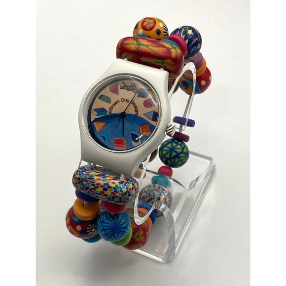 Brown Dog Design Womens Watch 34mm - New Battery - Colorful Beaded Stretch Band - Picture 2 of 7